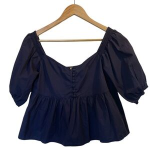 FREE PEOPLE Navy Blue Cotton Off Shoulder Ruffle Crop Top Peasant Blouse - Sz XS
